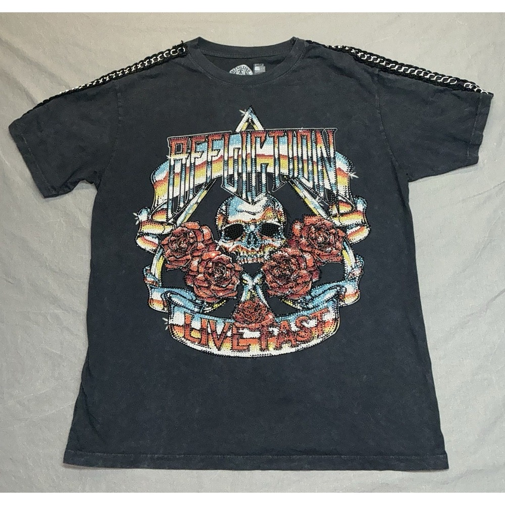 Affliction American Customs Hollow Festival Bling Black T Shirt M Womens